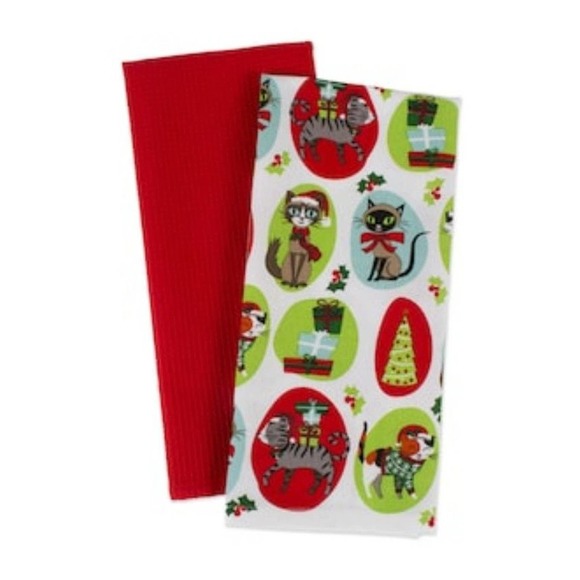 Set of 2 pairs of pet cat & dog Christmas Xmas holiday kitchen towels decor - Picture 3 of 12